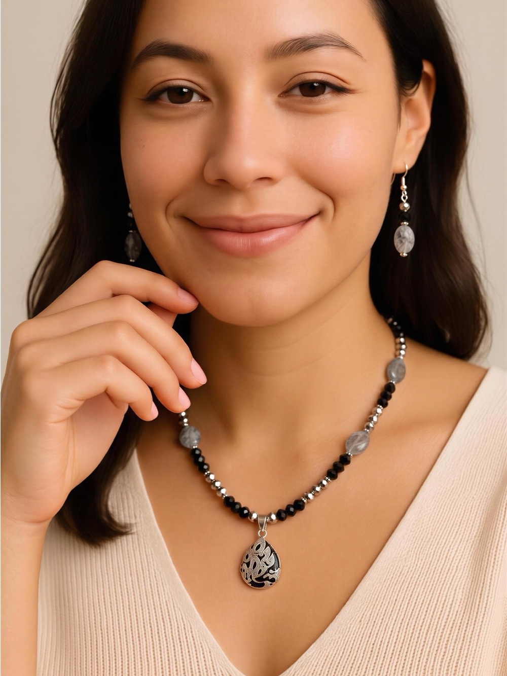 ON SALE GOING FAST!Silver Filigree Pendant Necklace in Black and Gray -